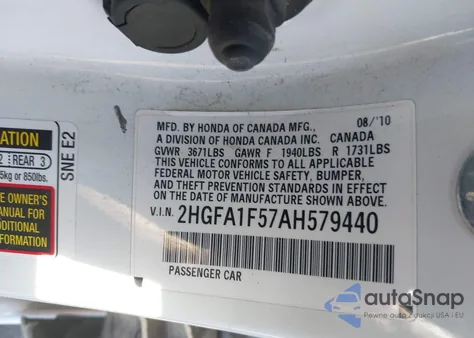 2010 Honda Civic Lx from USA, damaged, VIN 2HGFA1F57AH579440